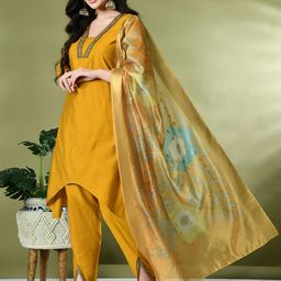 Sangria Square Neck Flared Sleeves High-Low A-Line Kurta With Dhoti Pant & Dupatta image 3