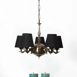 Devansh Black Conical Cotton shade with Antique Golden Chandelier Metal Ceiling Lamp-image-12