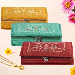 Kuber Industries Yellow & Maroon 3 Pieces Embroidery Jewellery Organiser-85