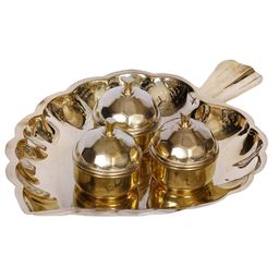 Exotic India Gold Toned 4 Pieces Brass Kumkum Bowls With Leaf Plate-image-26