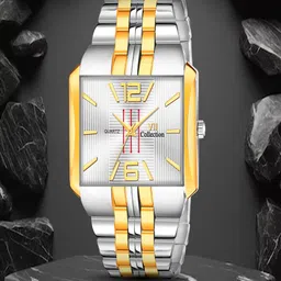 Hala Men Textured Dial & Bracelet Style Straps Analogue Watch 3003-Gold-Silver-9