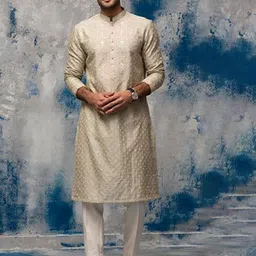 ASUKA Men Embroidered Regular Chanderi Silk Kurta with Trousers-57
