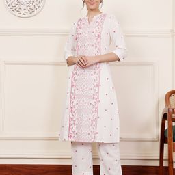 SAVI Geometric Woven Design Mandarin Collar Pure Cotton Kurta with Trousers-25