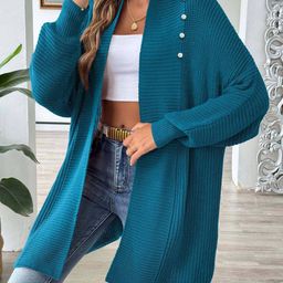 HERE&NOW Women Ribbed Shawl Collar Longline Front-Open Sweaters-image-2