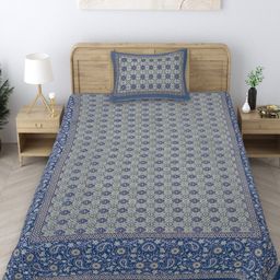 Texstylers Blue & Green Floral 140 TC Single Bedsheet with 1 Pillow Covers-image-64