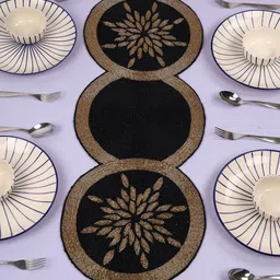 YWULY Black & Brown Embroidered Beaded Dining TableRunner-32