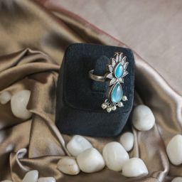 Oxidized Silver Adjustable Flower Shaped Ring with Stone for women Brass Silver Plated Ring-image-2