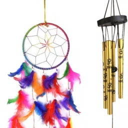 Combo Of Multi Color 6 Inches Dream Catcher And Feng Shui 5 Pipe Om Printed Golden Brass Windchime-image-58