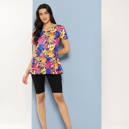 Muhuratam Womens Yellow-Black Colour Floral Print Nylon Swim Suit With Goggles Floral Print Women Swim-dress Yellow Swimsuit-image-12