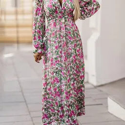 Errabelly Women Geen Floral Print Deep V- Neck Ruched Cinched Waist Maxi Dress-picture-37