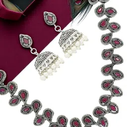 FEMMIBELLA Silver-Plated Stone-Studded & Beaded Jewellery Set-picture-1