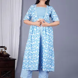 MANOJAVA Floral Printed Cotton Casual Crop Top With Trousers & Shrug-image-42
