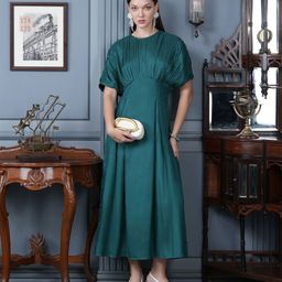 JISORA Women's Solid Green Russian Silk Dress-image-96