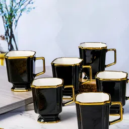 Roxx Black Printed 6 Pieces Dishwasher Safe Porcelain Glossy Finish Mugs 180ml-image-35
