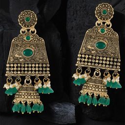 Anouk Gold-Plated Artificial Stones Studded and Beaded Contemporary Oxidised Drop Earrings-30