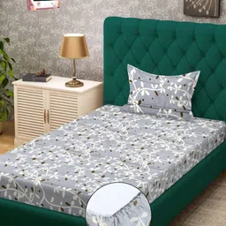 Myntra Elegant Homes Grey & White Floral 300 TC Single Bedsheet with 1 Pillow Covers-image-86