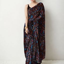 Mitera Geometric Printed Chinon Saree With Blouse Piece-picture-22