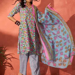 InWeave Women Floral Printed V-Neck Straight Kurta with Trousers & Dupatta-picture-33