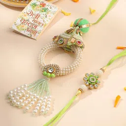 Sangria Stones Studded & Pearls Beaded Bhaiya Bhabhi Thread Rakhi With Greeting Card-34