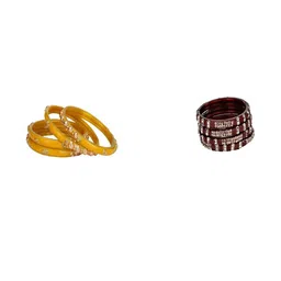 SOMIL Set of 8 Yellow Alloy Artificial Stones & Beads Bangles-image-88