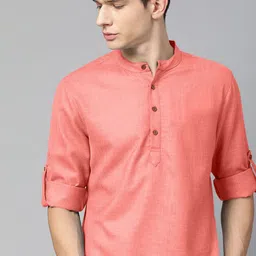Zombom Men Band Collar Roll-Up Sleeves Straight Kurta-image-67