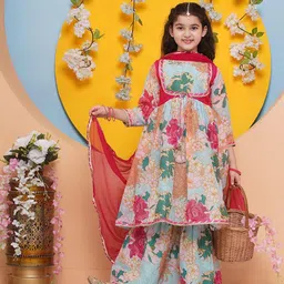Bitiya by Bhama Girls Floral Printed Regular Gotta Patti Kurta with Sharara & With Dupatta-image-30