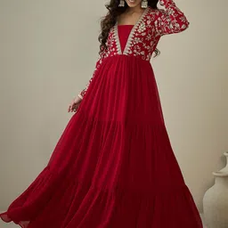 Inddus Sequinned Embroidered Tiered Fit & Flared Maxi Ethnic Dress-image-11