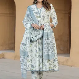 DIVASTRI Floral Printed V-Neck Pure Cotton A-Line Kurta with Trousers & Dupatta-image-84