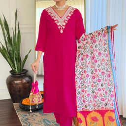 KALINI Ethnic Motifs Embroidered V-Neck Straight Kurta With Trousers And Dupatta-image-88