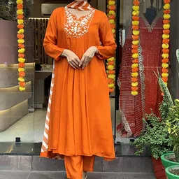 FASHION DREAM Floral Embroidered Notch Neck A-Line Kurta With Trousers And Dupatta-29