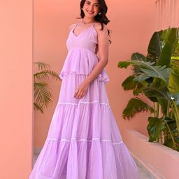 Bunaai Women Lilac Backless Cotton Dress-image-51