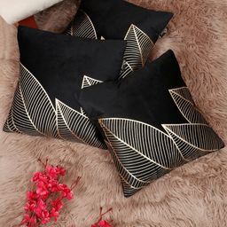 Myntra Elegant Homes Black & Gold-Toned 3 Pieces Printed Velvet Square Cushion Covers-image-68