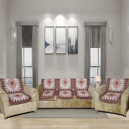 Aura Cream-Coloured & Brown 6 Pieces Floral Printed 5 Seater Sofa Covers-22