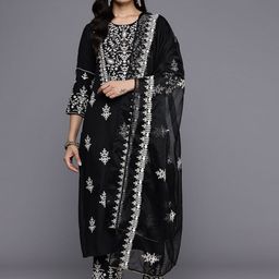 House of Pataudi Embroidered Straight Kurta & Trousers With Dupatta-image-73