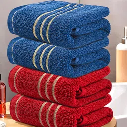 Kuber Industries Red & Blue 4 Pieces Striped Cotton 450 GSM Bath Towel-78