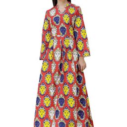 Exotic India Women Pure Cotton Long Gown with Kalamkari Printed Fit-Flare Goddess-image-39