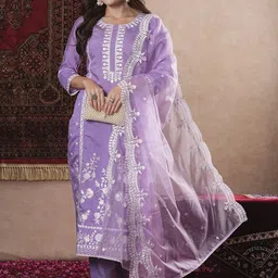 GoSriKi Floral Embroidered Sequinned Straight Kurta with Trousers & Dupatta-20