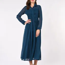 Iti Women Shirt Collar Cuffed Sleeves Georgette Shirt Style Midi Dress-image-68