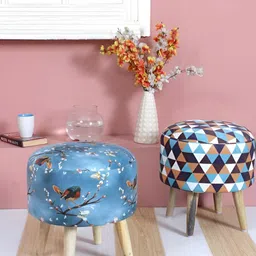 Shadowkart 2 Pcs White & Blue Printed Wooden Pouffe Ottoman-image-75