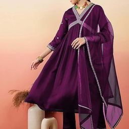 Lookmark Women Yoke Design Regular Thread Work Kurta with Trousers & With Dupatta-image-0