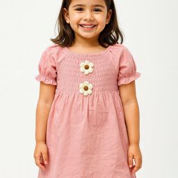 POP STREET KIDS Girls Round Neck Smocked Puff Sleeve Fit and Flare Dress-image-90