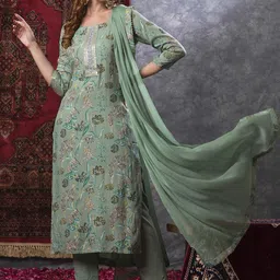 DIVASTRI Floral Printed Round Neck Straight Kurta With Trousers & Dupatta-image-44