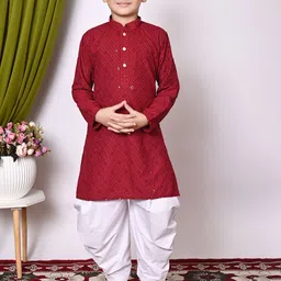 Sangria Boys Floral Embroidered Sequinned Mandarin Collar Straight Kurta With Dhoti Pants-17
