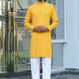 KRAFT INDIA Men Ethnic Motifs Embroidered Regular Sequinned Kurta with Pyjamas-image-49
