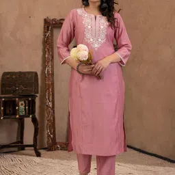 Juniper Women Floral Embroidered Regular Thread Work Straight Kurta with Palazzos-32