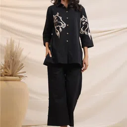 JISORA Collection Embroidered Russian Silk Shirt With Palazzo Co-ord Set-image-4