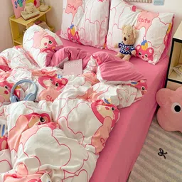 JC HOME Pink & White Cartoon Characters Printed Single Regular Bedding Set-image-63