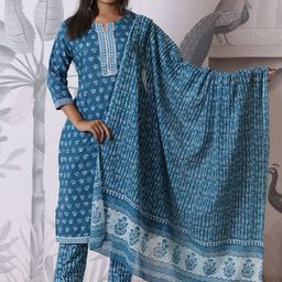 SIGNORIA Indie-Floral Printed Straight Kurta with Trousers & With Dupatta-7