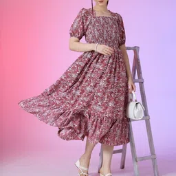 Femvy Women Printed Puff Sleeves Fit & Flare Dress-image-41