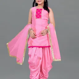 Sangria Girls Pink Sleeveless Gotta Patti Straight Kurta With Dhoti Pants And Dupatta-13